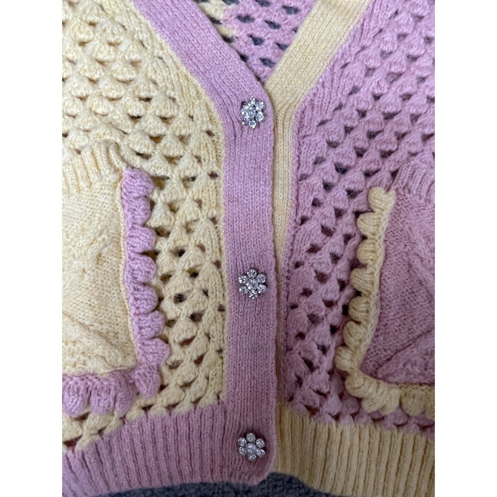 Zara Womens Cropped Chunky Knit Button Cardigan pink yellow medium - Picture 2 of 8